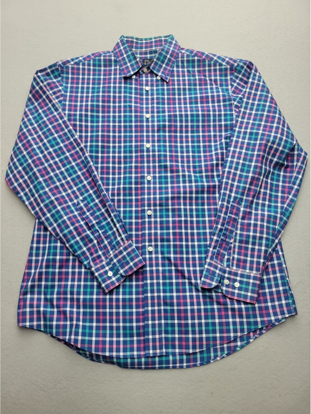 Jos. A. Bank Men's Button-Up Large Plaid Long Sleeve Cotton Knit Pockets Work